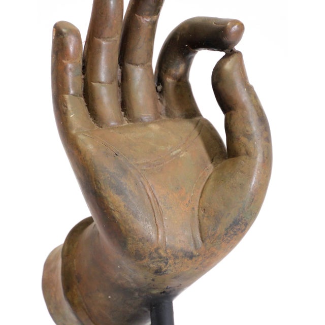Folk Art Large Cast Bronze Buddha Hand Sculpture on Stand For Sale - Image 3 of 13