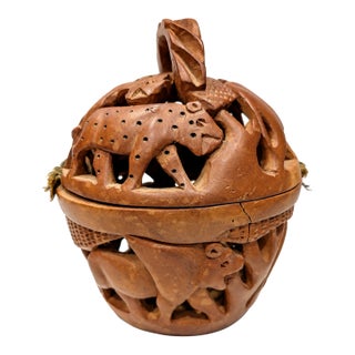 1970s Hand-Carved Openwork Wood Safari Animal Basket Sculpture For Sale