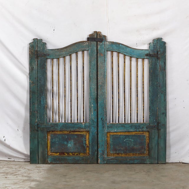 Teal Vintage Indian Painted Teakwood Garden Gate For Sale - Image 8 of 8