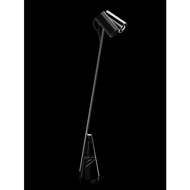 Floor lamp with Marquinha black stone base, chrome structure and double lightshield made in black paint and chrome....