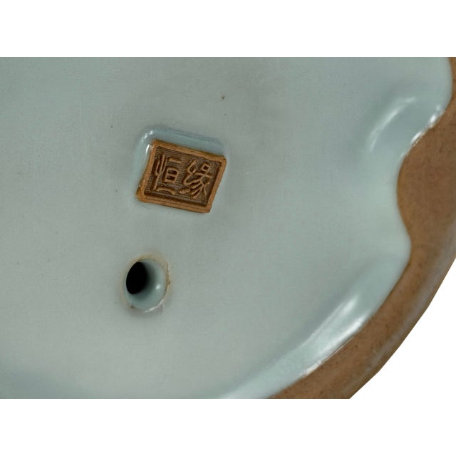 Joyful Laughing Buddha Light Celadon Robe Ceramic Coin Bat Ru Yi Figure For Sale - Image 12 of 13