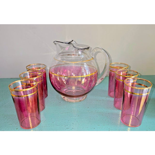 Vintage 1940's MacBeth - Evans Cranberry Lustre Pitcher W/ Gold Stripes , 6 GlassesMacbeth-Evans Cranberry Stain Glass Pitcher Gold Stripes - Set of 7 For Sale - Image 6 of 6