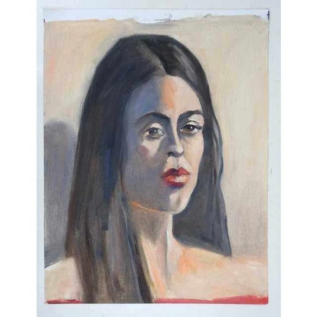 Vingage late 20th century oil on canvas portrait painting of woman with long black hair. Unsigned, by Ralph Quintana (20th...