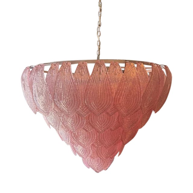 Vintage Pink Leaf Murano Glass Waterfall Chandelier For Sale