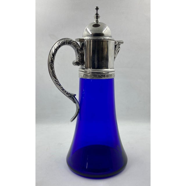 Art Nouveau Austrian Vintage Cobalt Blue Glass Jug For Sale - Image 3 of 11