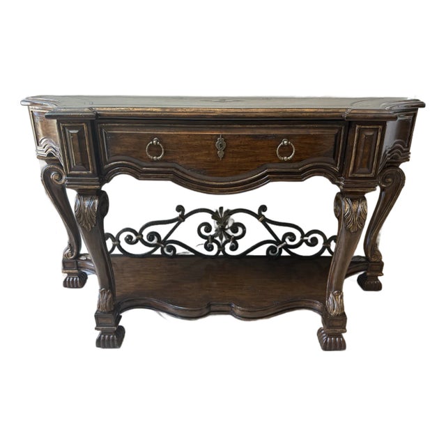 Marge Carson Spanish Revival Console Table With Ironwork and Carved Details For Sale