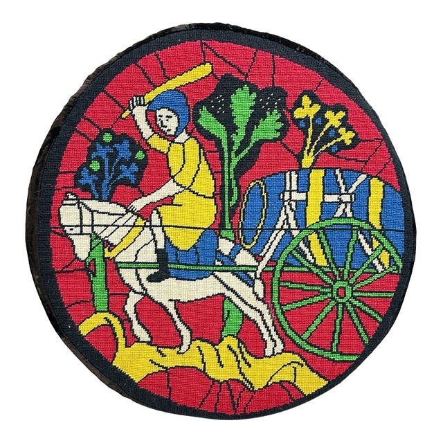 Vintage Handmade Round Needlepoint Pillow - Medieval Stained Glass Chartres Cathedral For Sale