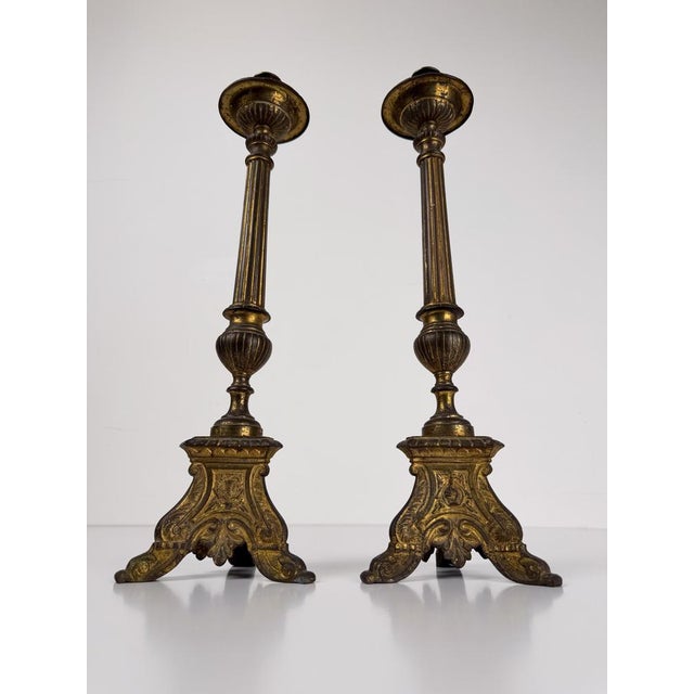 Italian Baroque Style Church Candlesticks in Gilt Bronze, Set of 2 For Sale - Image 14 of 17