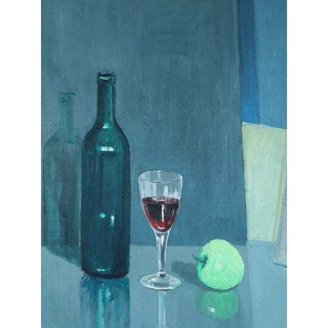 Green Mid-Century Modern 'Green Apple With Glasses' Vintage Original Still Life Oil Painting, Framed For Sale - Image 8 of 12