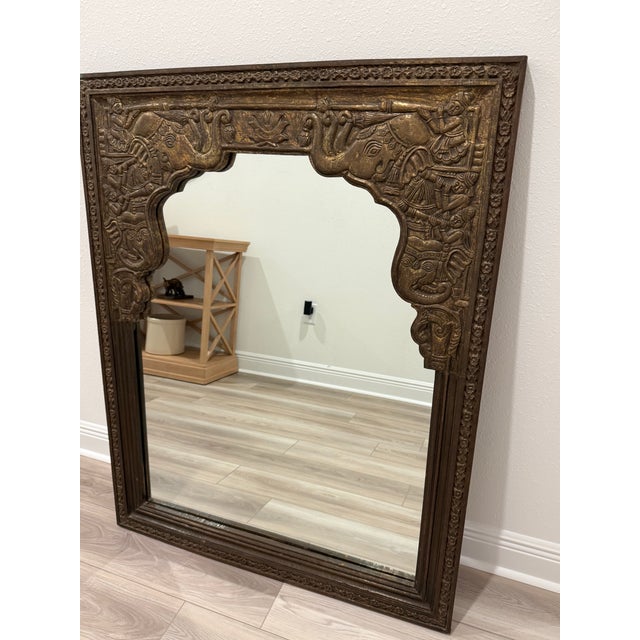 2000 - 2009 Ornate Vintage Indian Carved Arch Mirror With Elephant Motif (48 X 38 X 1.5 Inches) For Sale - Image 5 of 8