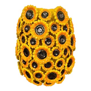 Vintage Majolica Sunflower-Adorned Ceramic Vase For Sale