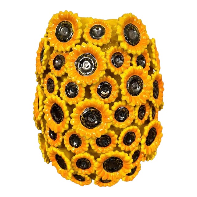 Vintage Majolica Sunflower-Adorned Ceramic Vase For Sale