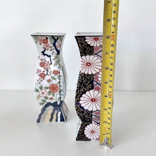 Ceramic Vintage MCM Japanese Imari Porcelain Square Waisted Vases-Set of 2 For Sale - Image 7 of 8