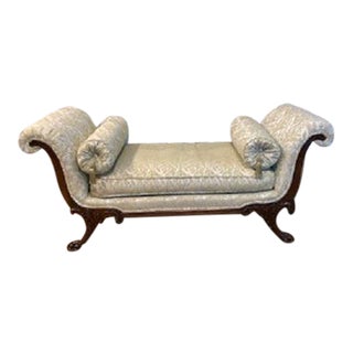 Vintage Upholstered French Empire-Style Scroll Arm Kings Bench For Sale