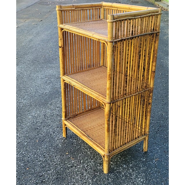 Wood Mid-Century Bohemian Split Bamboo Rattan Wicker Low Bookcase Etagere For Sale - Image 7 of 13