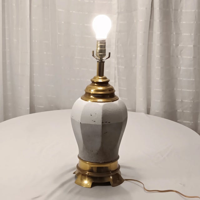 Vintage Mid 20th Century White and Grey Color Ceramic and Brass Lamp For Sale - Image 16 of 16