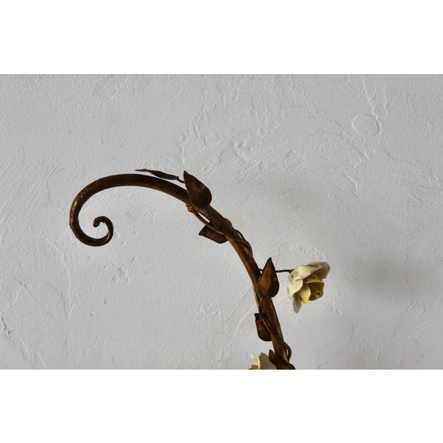 Mid 20th Century Italian Gilded Tole Porcelain Yellow Roses Leaf Vine Marble Base Table Accent Lamp Vintage Mid-Century For Sale - Image 5 of 17
