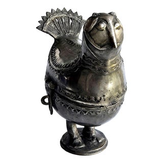 Vintage Indian Dhokra Bronze Pewter Bird Pedestal Lidded Box For Sale