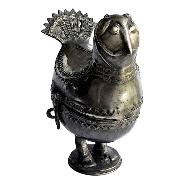 Vintage Indian Dhokra Bronze Pewter Bird Pedestal Lidded Box For Sale