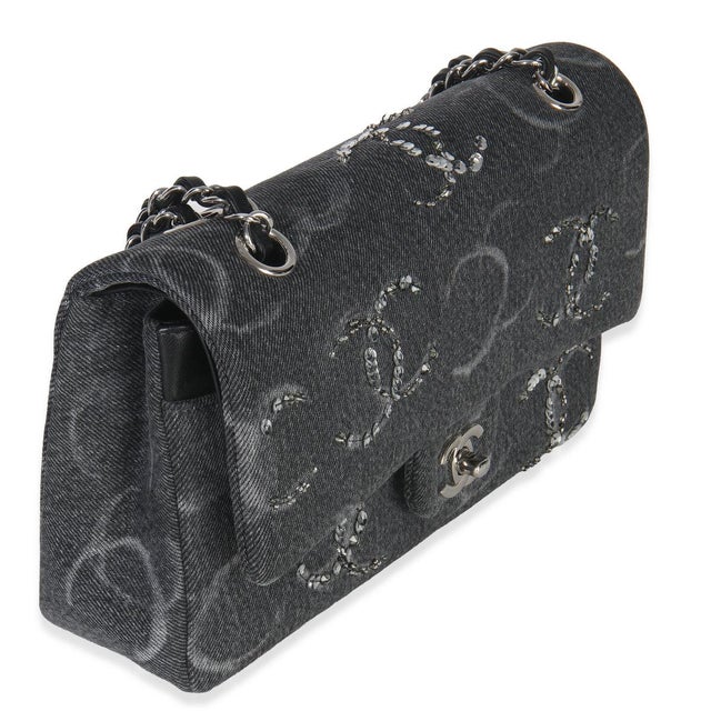 Traditional Black Denim Sequin CC Medium Classic Double Flap Bag For Sale - Image 3 of 9