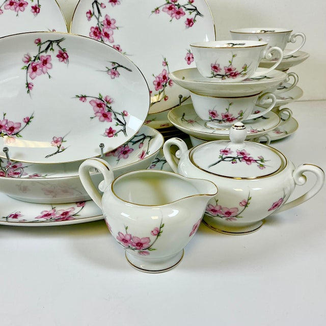 1940s Vintage Hollywood Regency Japanese Minimalist Cherry Blossom Dinnerware - Set of 56 For Sale - Image 11 of 14