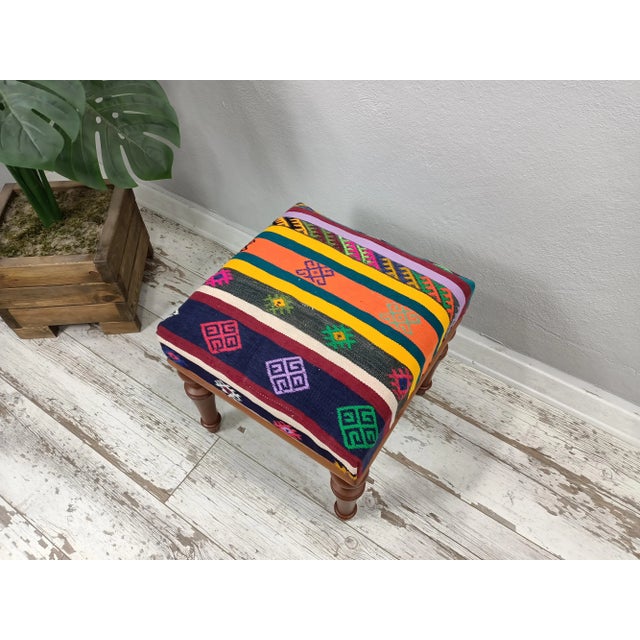 Ethnic Kilim Upholstered Padded Footstool For Sale In Raleigh - Image 6 of 9