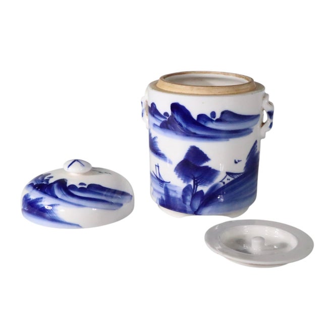 Ceramid blue and white covered jar, probably for tea, or possibly a ginger jar, we believe made in Japan, or China. The...