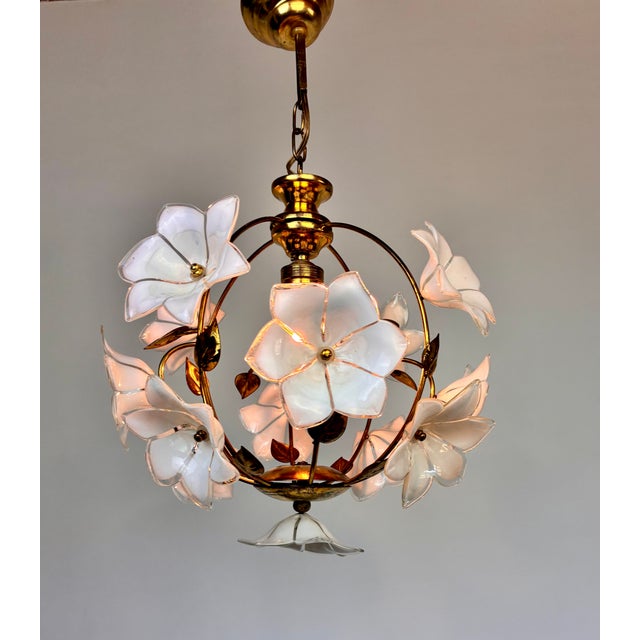 Vintage Murano Style White Floral Globe Chandelier - Brass Finish For Sale - Image 12 of 15