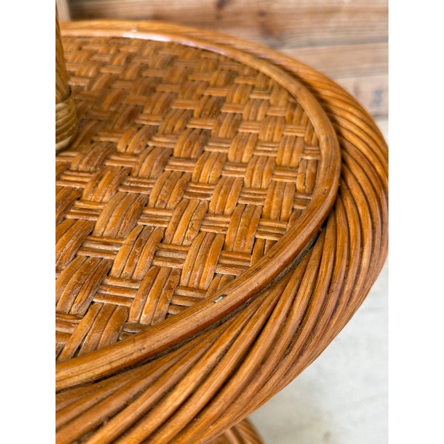 Boho Chic Mid-20th Century Coastal Twist Rattan Floor Lamp With Two-Tier Table and New Shade For Sale - Image 3 of 12