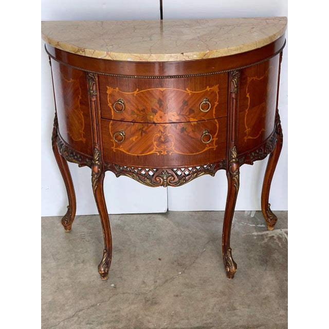 Vintage 20 th c French Louis XVI style commode . Two drawers and serpentine legs, with inlay. Original key available.