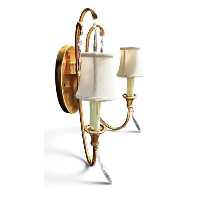 1990s Mid-Century Modern Gold Leaf 2-Light Crystal Wall Sconce For Sale - Image 4 of 14