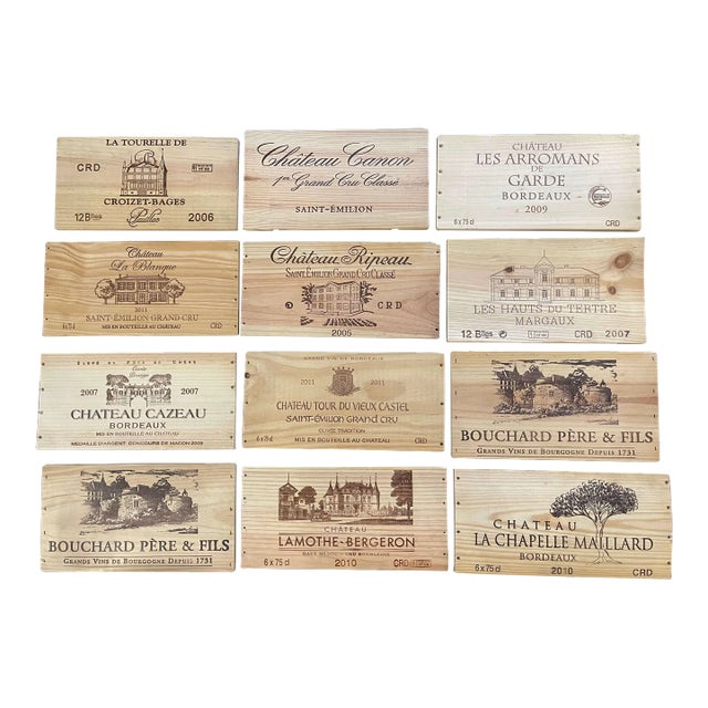 Vintage French Wooden Wine Crate Box Labels, Set of 12 For Sale