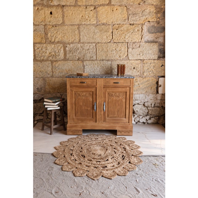 Wood Low Art Deco Sideboard in Carved Oak and Grey Marble, 1930s For Sale - Image 7 of 7