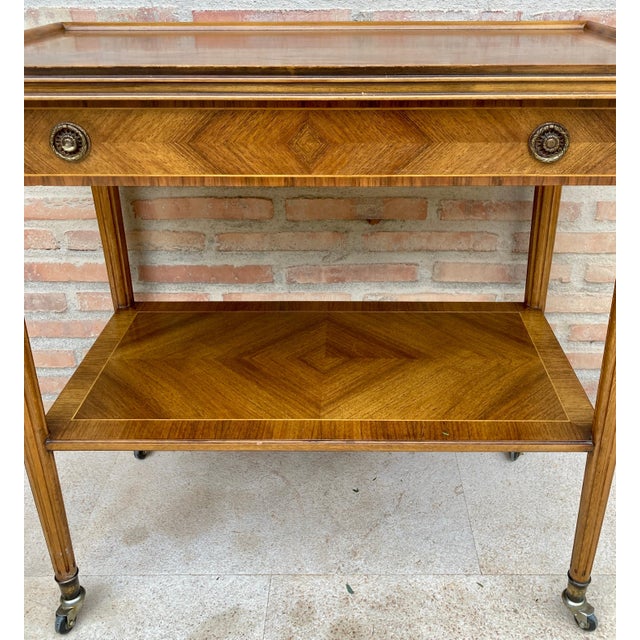 Neoclassic French Marquetry Side Table With One Drawer And Wheels 1940s For Sale - Image 17 of 18