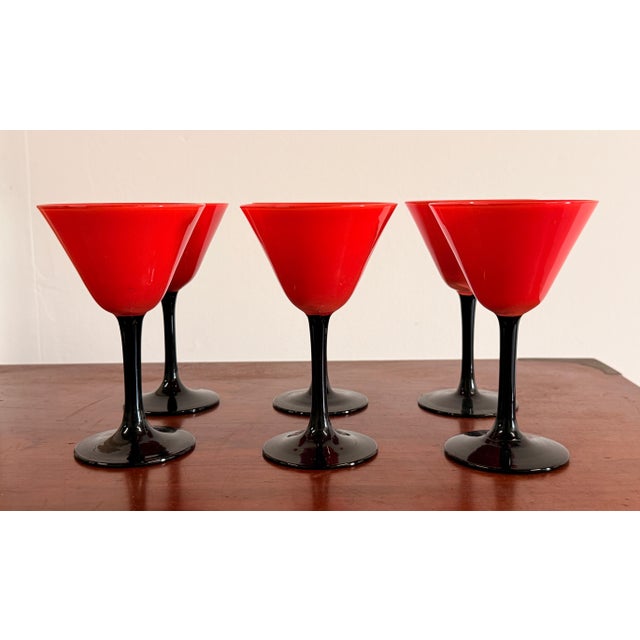 Vintage 1930's Art Deco Red & Black Cordial Cocktail Glasses - Set of 6 For Sale - Image 4 of 9