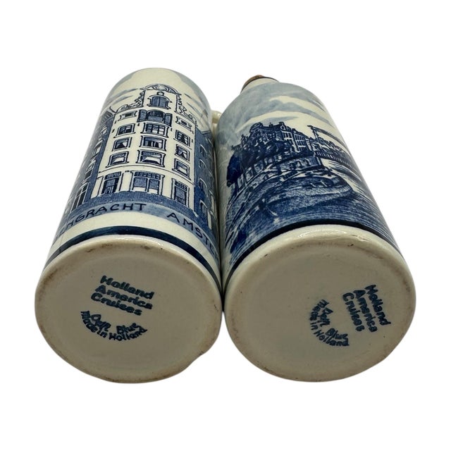 Mid-Century Modern Vintage Delft Blue and White Ceramic Jugs With Amsterdam Scenes by Holland America Line - A Pair For Sale - Image 3 of 12