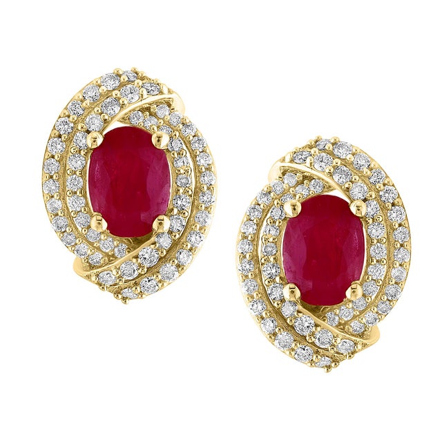 3.5 Carat Oval Natural Ruby & 1.2 Ct Diamond Stud Earrings 14 Karat Yellow Gold For Sale - Image 18 of 18