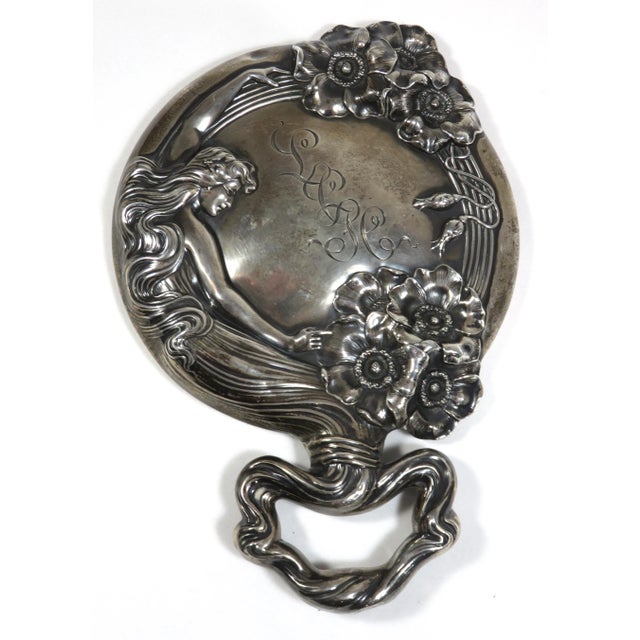 Fancy Antique Art Nouveau Sterling Silver Vanity Hand Mirror For Sale - Image 13 of 13