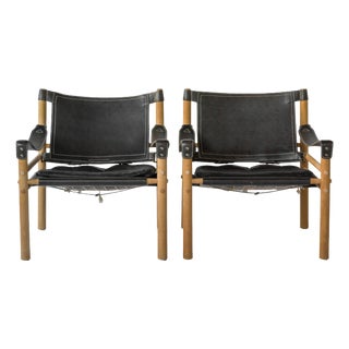 Vintage Scirocco Safari Lounge Chairs in Black Leather and Wood by Arne Norell for Arne Norell AB, 1960s, Set of 2 For Sale
