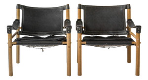 Vintage Scirocco Safari Lounge Chairs in Black Leather and Wood by Arne Norell for Arne Norell AB, 1960s, Set of 2