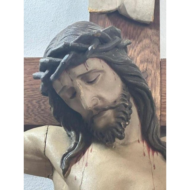 Wood Antique Polychrome Wooden Crucifix, 1890s For Sale - Image 7 of 18