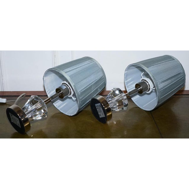 Diamond Glass on Stainless Steel Base Table Lamps with Baby Blue Shades, Set of 2 For Sale - Image 6 of 10