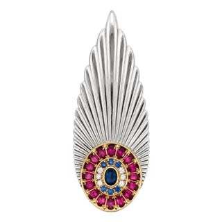 Erté Vintage 14k/Sliver Plume" Feather Brooch With Sapphires, Garnets & Diamonds For Sale
