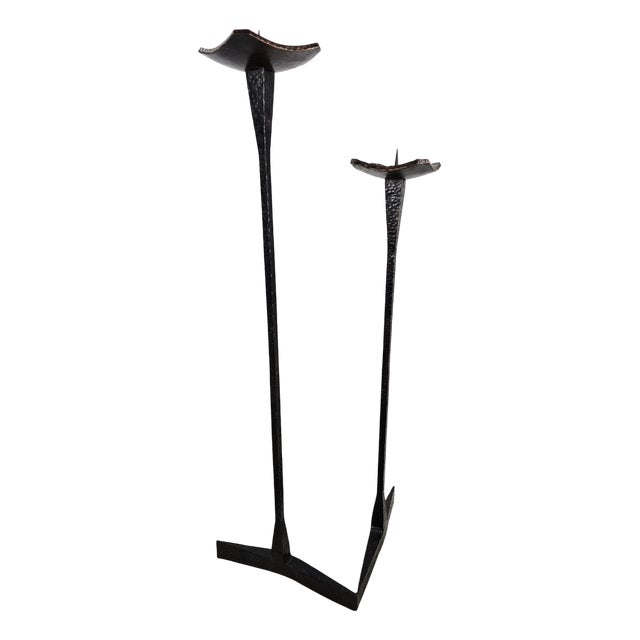 Brutalist Hammered Metal Double Candleholder, 1960s For Sale