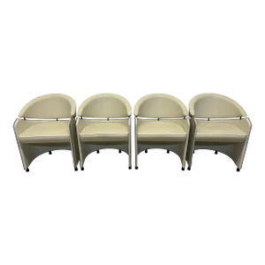 Matteo Grassi Cream Leather Barrel Back Dining Arm Chairs - Set of Four
