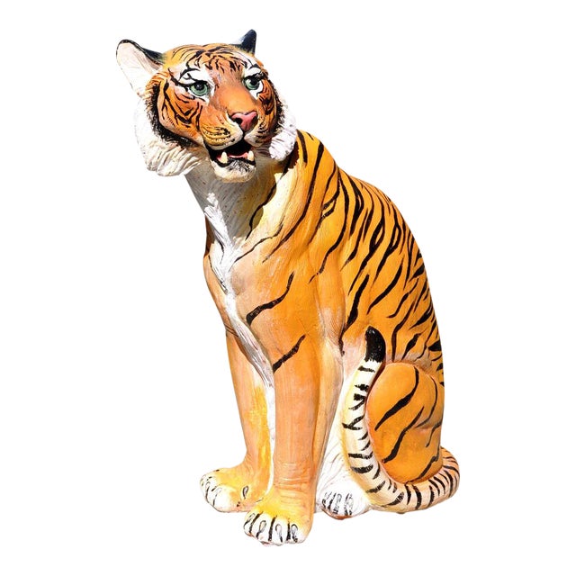 Large 37" Tall HandPainted Continental Terracotta Seated Tiger Garden