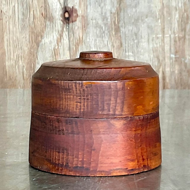 Burnt Umber Vintage Boho Round Lidded Wood Box For Sale - Image 8 of 8