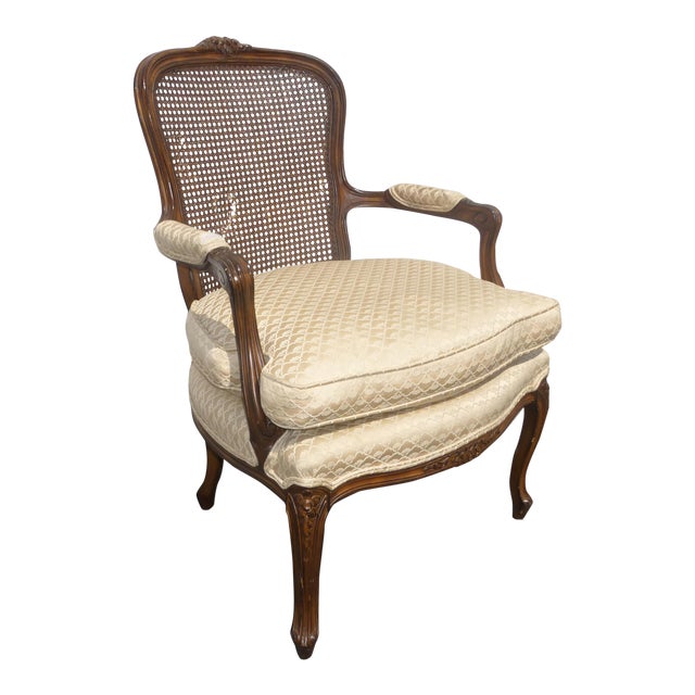 Vintage French Provincial Cane Arm Chair W Down Cushion Cabriole Legs