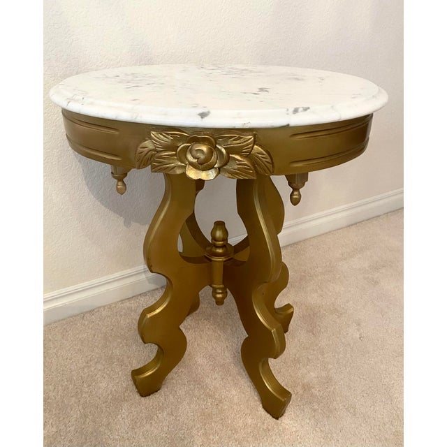 Victorian Style Oval Marble Top Gold Color Accent Table Vintage Excellent Condition For Sale - Image 10 of 10