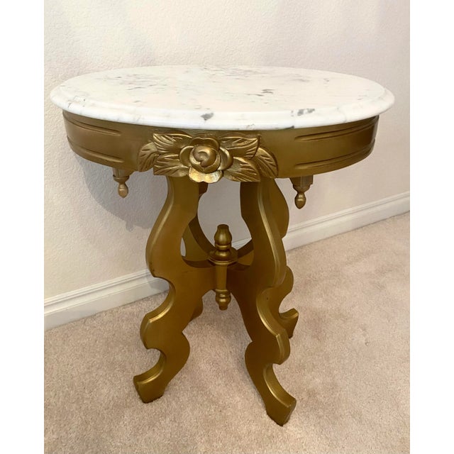 Vintage Victorian Style Oval Marble Top Gold Color Accent Table Excellent Condition For Sale - Image 10 of 10
